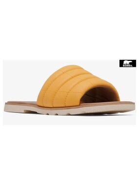 SOREL ELLA III QUILTED PUFF YELLOW RAY LEATHER SLIDE SANDAL. NIB. SIZE 8.5M